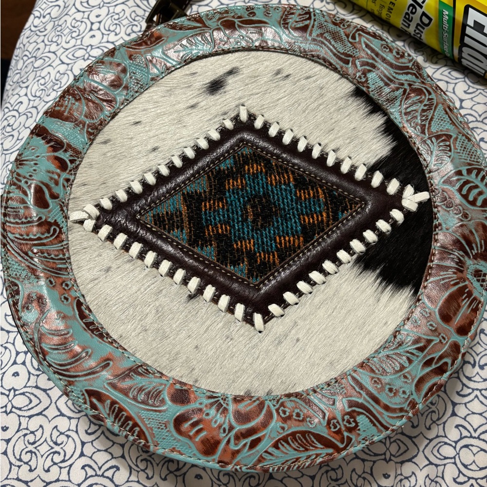 Round Turquoise and Brown Patterned Bag